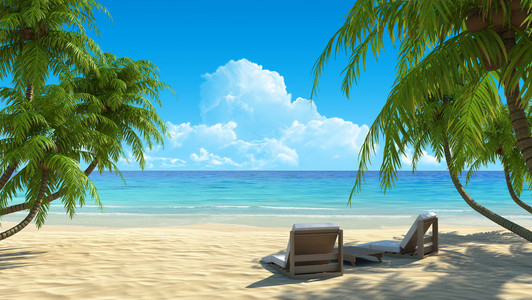 两张沙滩椅，田园般的热带白色沙滩