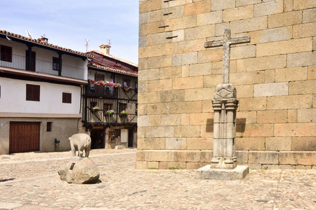 在 Alberca, 萨拉曼卡省, 卡斯蒂利亚里昂, 西班牙的教堂广场, 猪和十字架