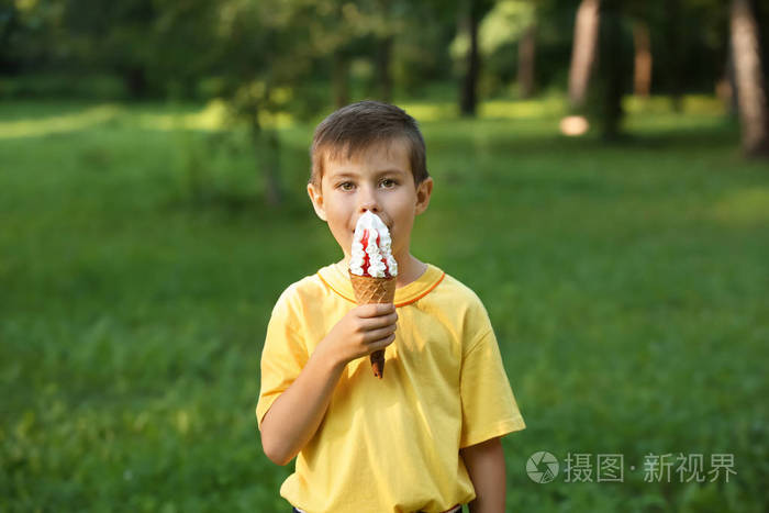 夏天的时候在公园里吃冰淇淋的可爱的小男孩