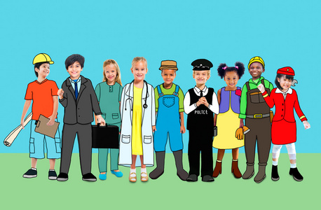 性格开朗的孩子和各种职业照片