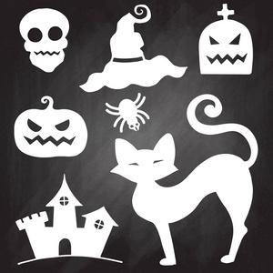 手工绘制的万圣节一套棺材, 杰克 o 灯, 头骨, 城堡, 猫和蜘蛛矢量插图