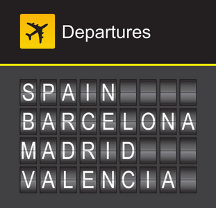 西班牙翻转字母表机场离境，西班牙，巴塞罗那，马德里，Valencia