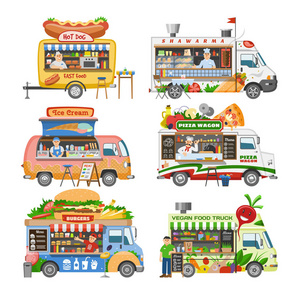 食品卡车矢量街食品卡车车和快餐运送与热狗或比萨饼插图集 foodtruck 在白色背景下隔离的人字销售