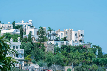 在土耳其的博德鲁姆, 典型的爱琴海建筑白色的房子的看法. 2017年8月23日