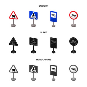 不同类型的路标卡通, 黑色, 单色图标在集合中进行设计。警告和禁止标志矢量符号股票 web 插图