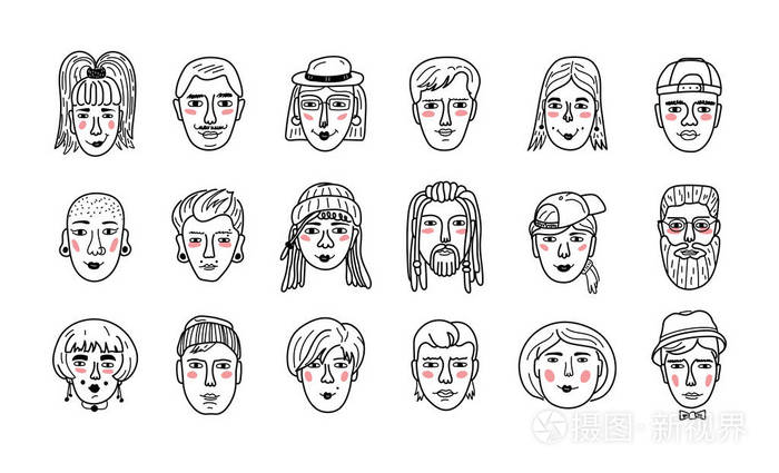 矢量人脸滑稽的涂鸦化身手绘的肖像时髦的女孩和男人着色书向量例证