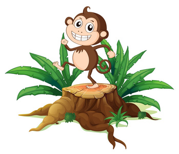 一只猴子在一个树桩与树叶上跳舞