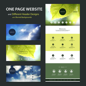 一页的网站模板和不同的页眉设计与模糊多云的和叶子图像背景图片