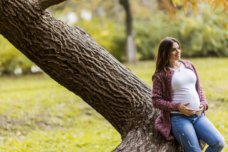 年轻孕妇在秋天的公园