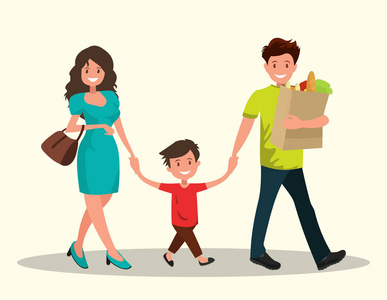 爸爸, 妈妈和儿子要从商店回家。幸福的家庭。平面设计的矢量图解