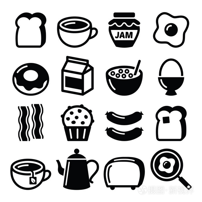 早餐食品矢量图标集-吐司, 鸡蛋, 培根, 咖啡
