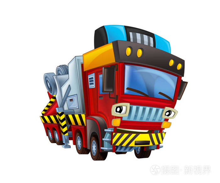 动画片场面与消防员卡车看和微笑在白色背景-孩子的例证