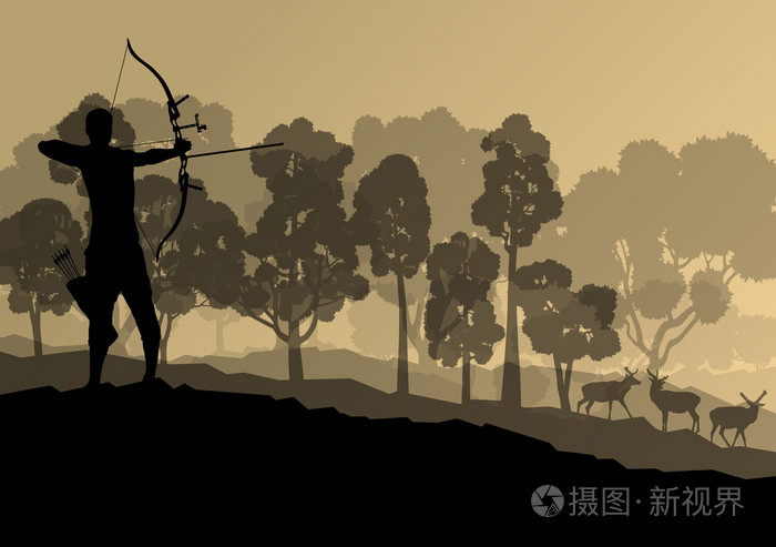 积极射箭运动剪影背景矢量在自然浓