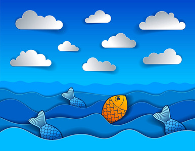 剪纸风格的卡通鱼海景