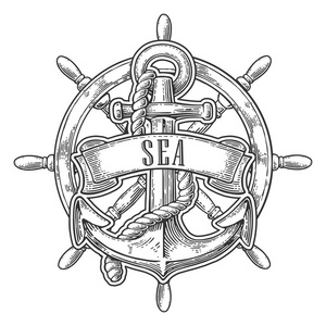 锚和车轮与丝带隔离在白色背景。矢量复古雕刻插图与标题海。用图形样式绘制的手