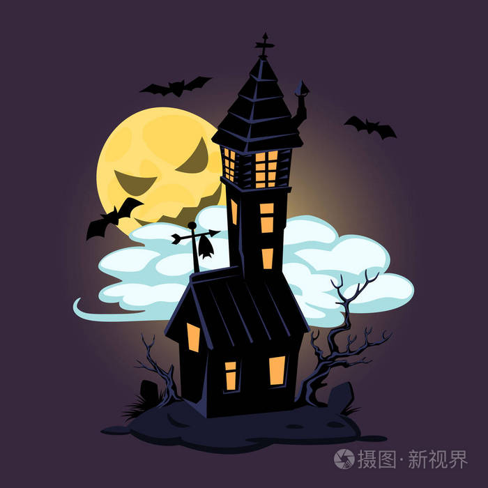 万圣节的老房子和月亮.印刷品,t恤,党海报和横幅的矢量设计