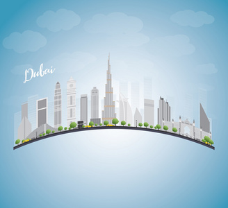 迪拜城市天际线与灰色的摩天大楼，蓝色的天空和副本 spac