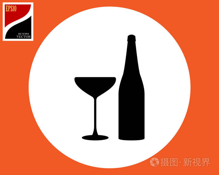 一瓶香槟和一杯酒酒杯的剪影