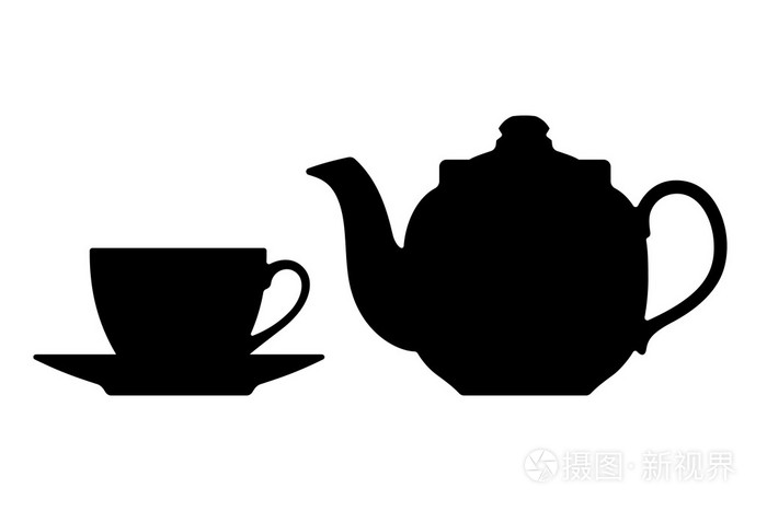 茶壶和杯子.在白色背景上的剪影