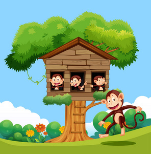 猴子玩树房子插图