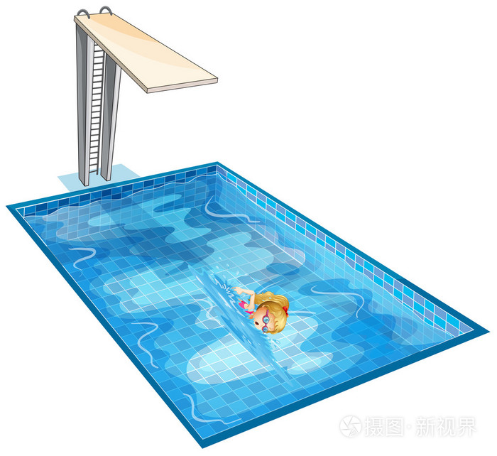 一个与跳水板的游泳池游泳的女孩插画-正版商用图片01