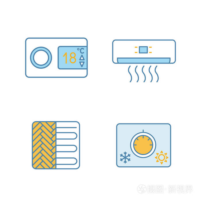 空调颜色图标设置.数字恒温器,空调,地板采暖,温控旋钮.孤立向量插图