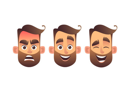 一组男性面部表情胡子男子表情符号字符在卡通风格中的不同表达式