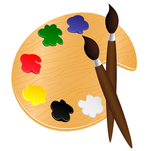 木制调色板与颜料和画笔
