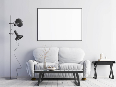在一张白色的墙上, 用白色的沙发在现代的室内模拟海报。3d 渲染