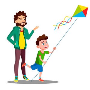 快乐的父亲和孩子的儿子推出风筝矢量。孤立的插图