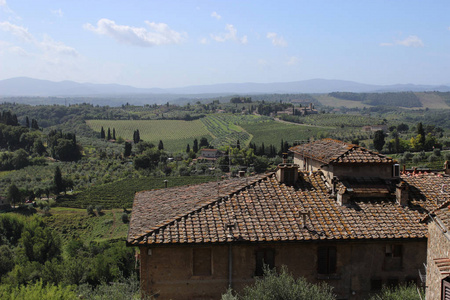 从圣吉米纳诺一个村庄的绿色景观场景的广泛拍摄。照片在意大利拍摄