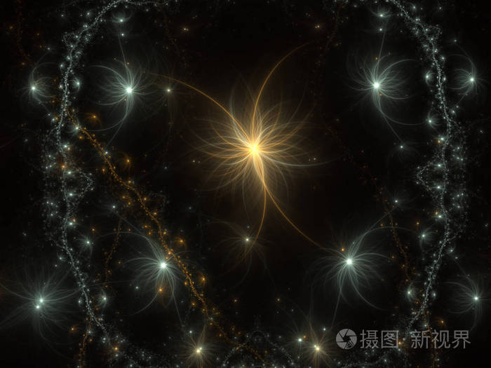 具有复制空间的黑色虚拟背景上的软发光分层抽象分形网络.