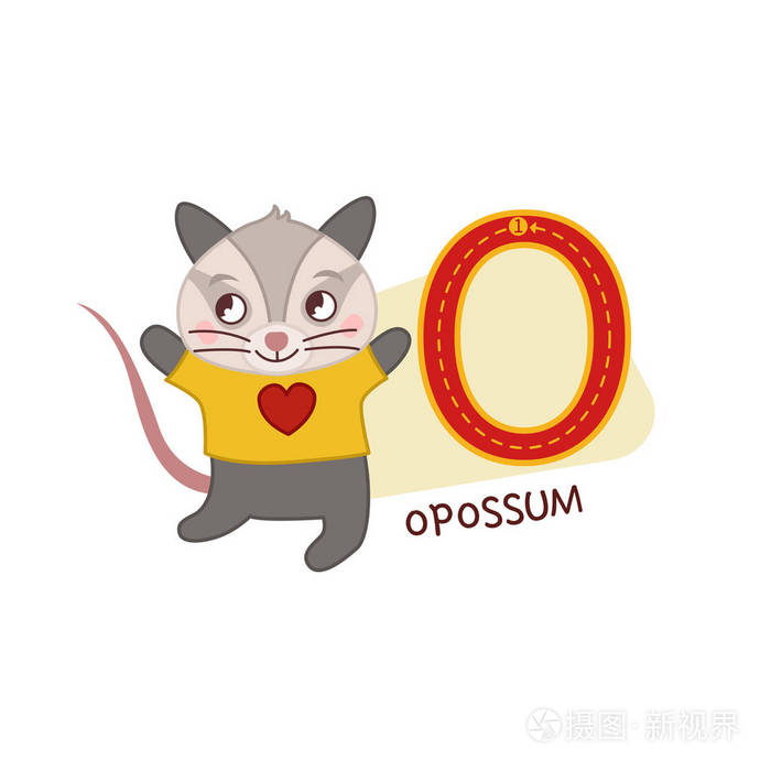 矢量可爱的孩子动物字母表.字母 o 可爱的卡通负鼠