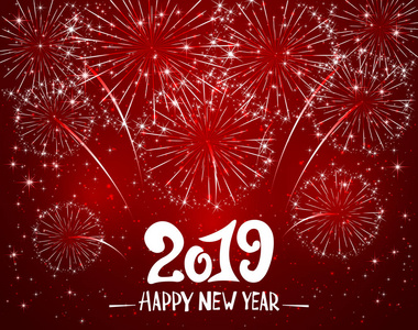 刻字新年快乐2019和波光粼粼的烟花在红色闪亮的背景, 节日问候, 插图