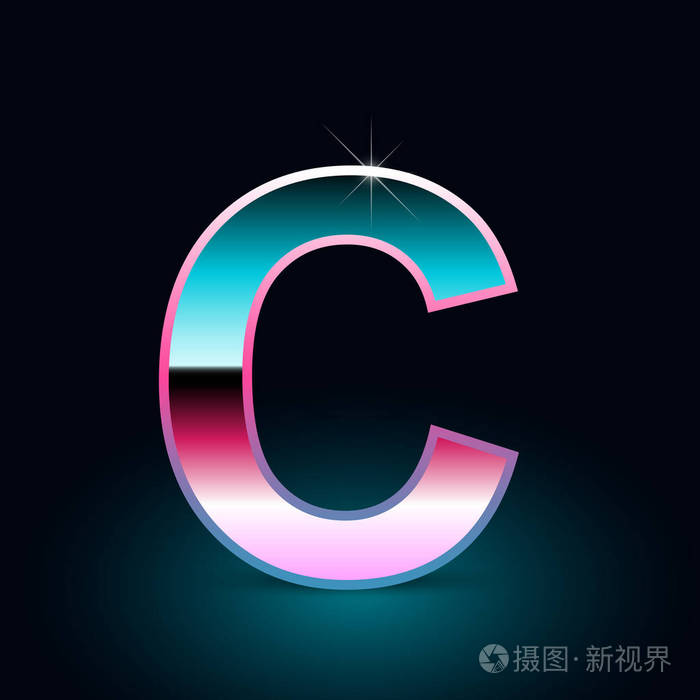 闪亮的金属80s复古风格字母c大写字体在黑色背景