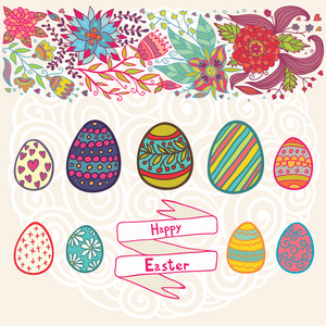 复活节鸡蛋和鲜花背景