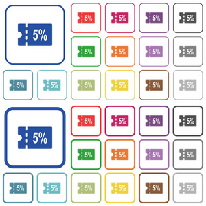 5 折扣优惠券彩色平面图标在圆角方形框架。包含薄和厚版本