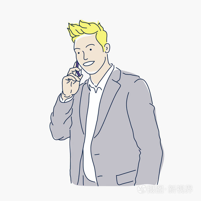 一个成功的英俊男子穿着西装, 手里拿着电话.一个商人