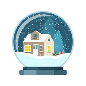 圣诞节媒介雪地球与房子和树
