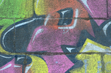 涂鸦画碎片。在街头艺术文化的风格上装饰着漆渍的旧墙。多彩多姿的背景纹理