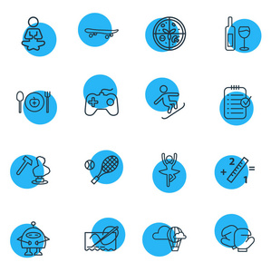 16爱好图标线条样式的向量例证。可编辑的瑜伽网球机器人和其他图标元素集