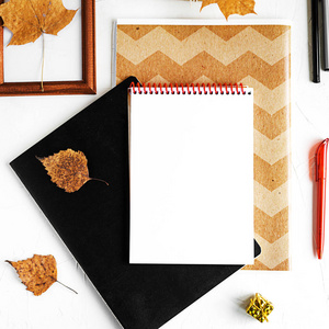 一些笔记本, 空白移位, 钢笔, 干燥的秋天叶子在白色背景