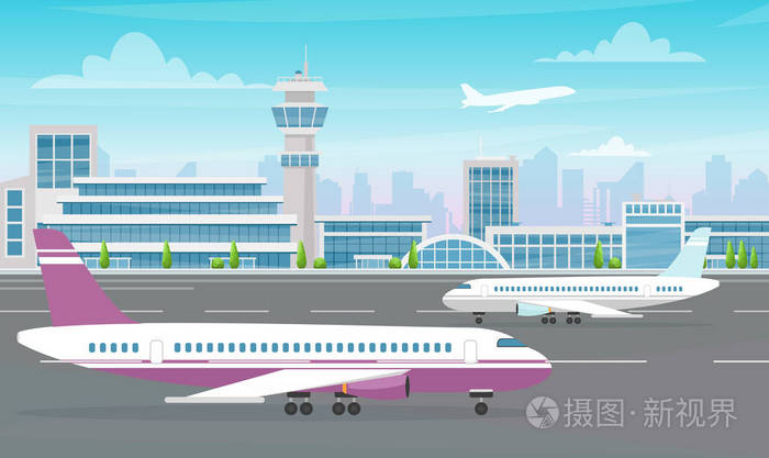 在现代城市背景下, 大型飞机和飞机起飞的机场航站楼示意图.