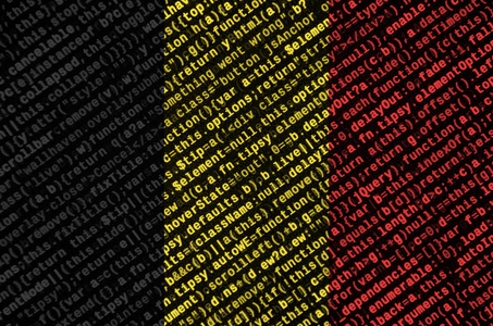 在屏幕上用程序代码描述了比利时标志。现代技术理念与网站开发