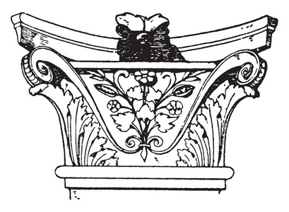 科林斯壁柱资本, 壁柱是更广泛的比例, 其高度, 包围着人工叶子, 意大利文艺复兴设计, 复古线条画或雕刻插图