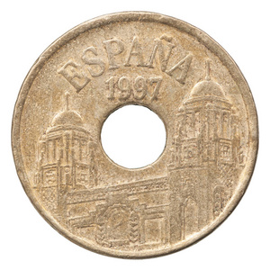 老西班牙硬币与梅利利亚查出的白色背景的图像