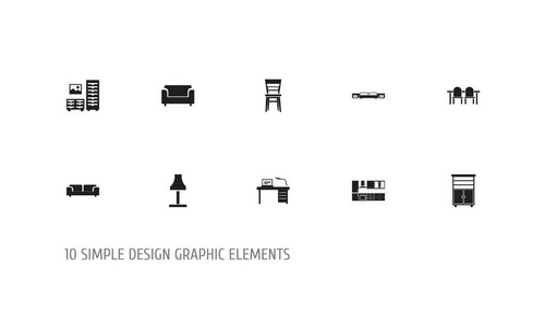 一套10可编辑的家具图标。包括桌子厨房家具饭厅等符号。可用于 web移动Ui 和图表设计