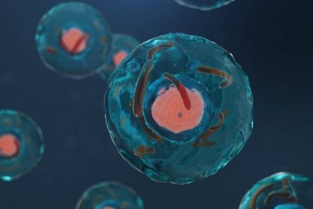 3d 活生生的有机体的例证细胞, 科学概念。蓝色背景上的插图。细胞在分子水平上的结构, 显微镜下。细胞中的加密 Dna