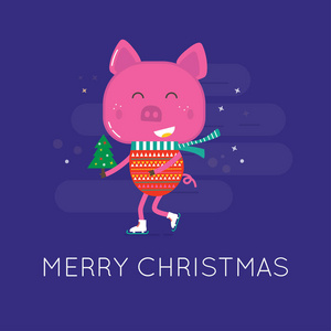圣诞贺卡与可爱的猪在大衣与围巾和树