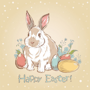 复活节兔子复古卡用绘制的手绘蛋